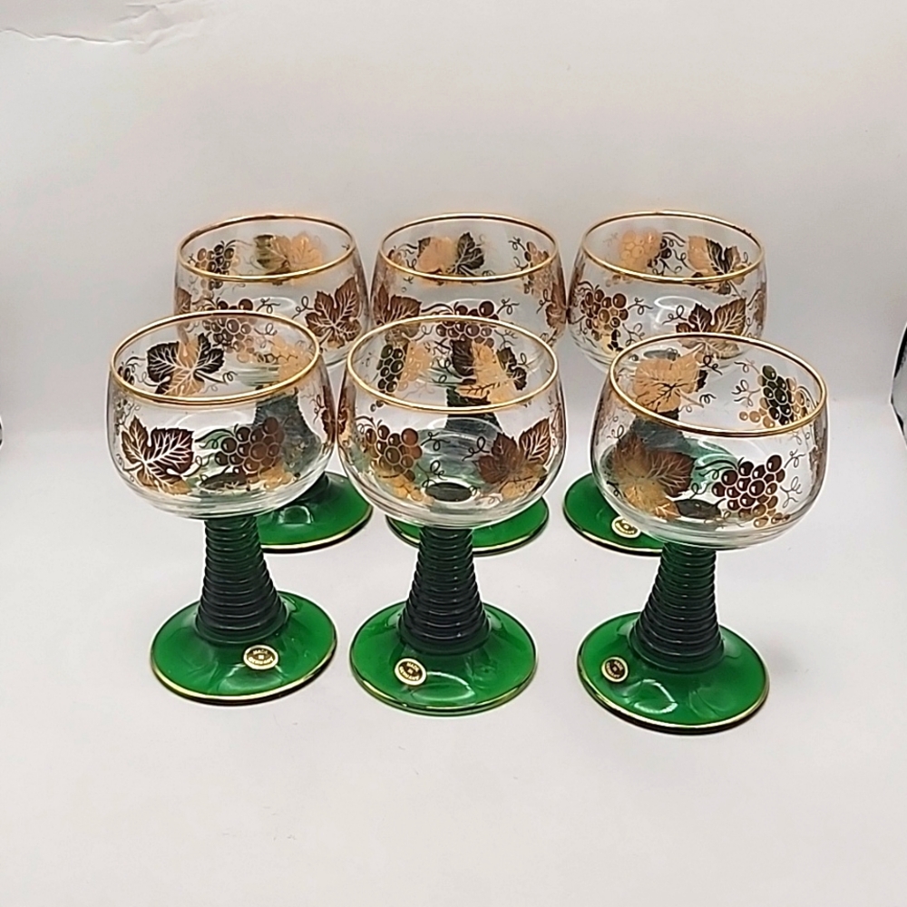 Vintage Bockling Green Stem Glass Goblets w/ Grapes & Leaves in Gold 6 Count